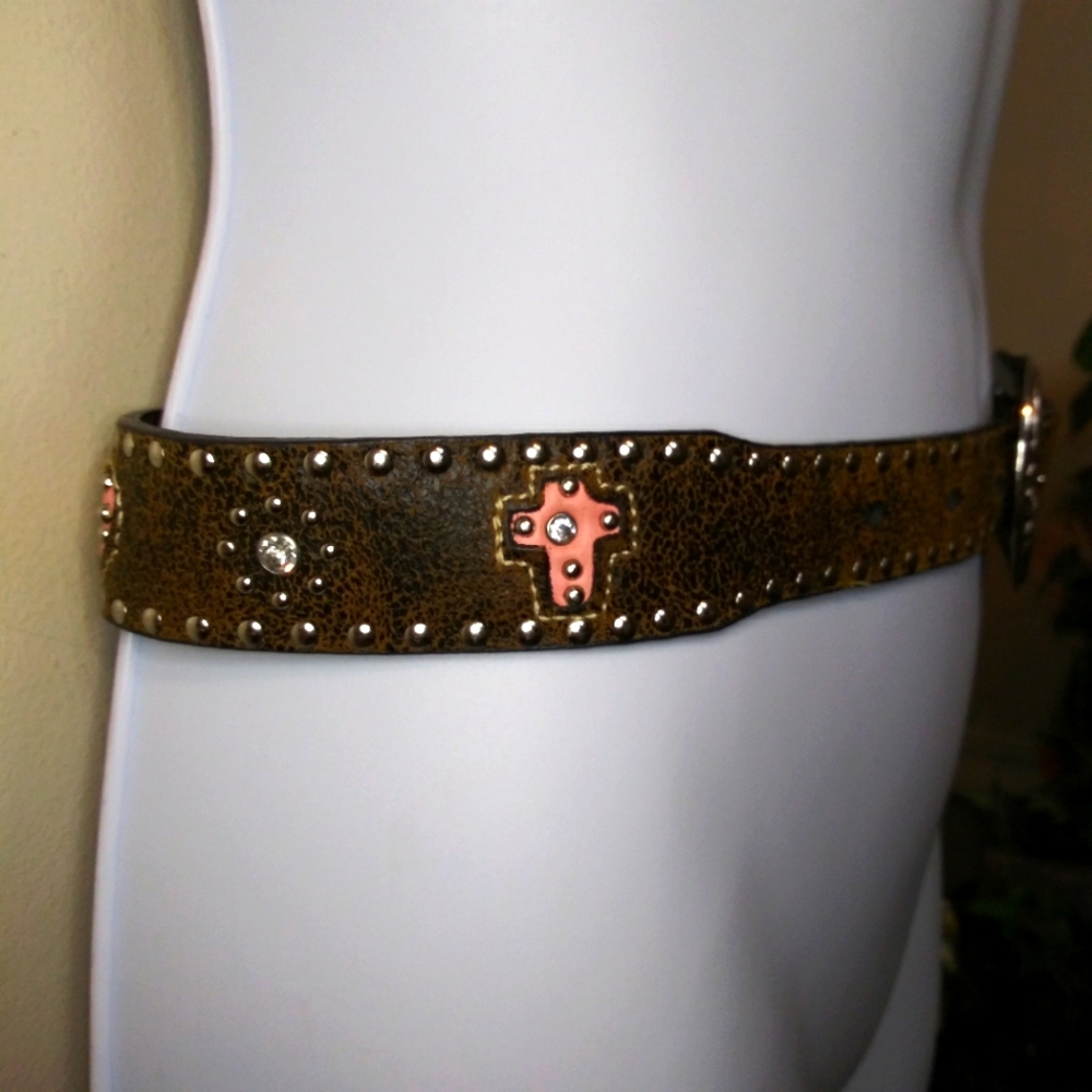 Nocona Belt Co. Girl's Brown & Pink Rhinestone & Silver Studded Western Belt - Picture 4 of 7